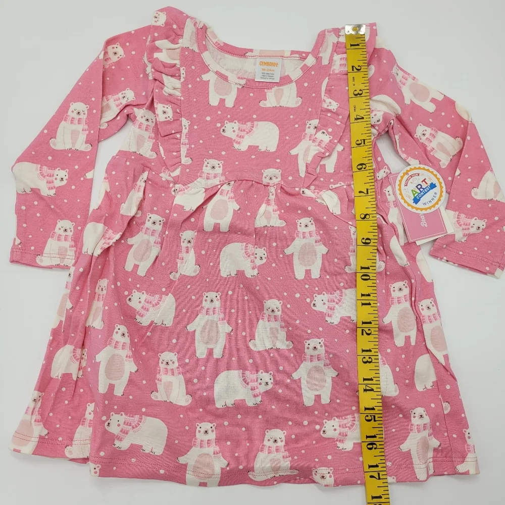 Gymboree Dress Pink Bear Print Long Sleeve Ruffle Stretch Cotton Sz 18-24mo NEW